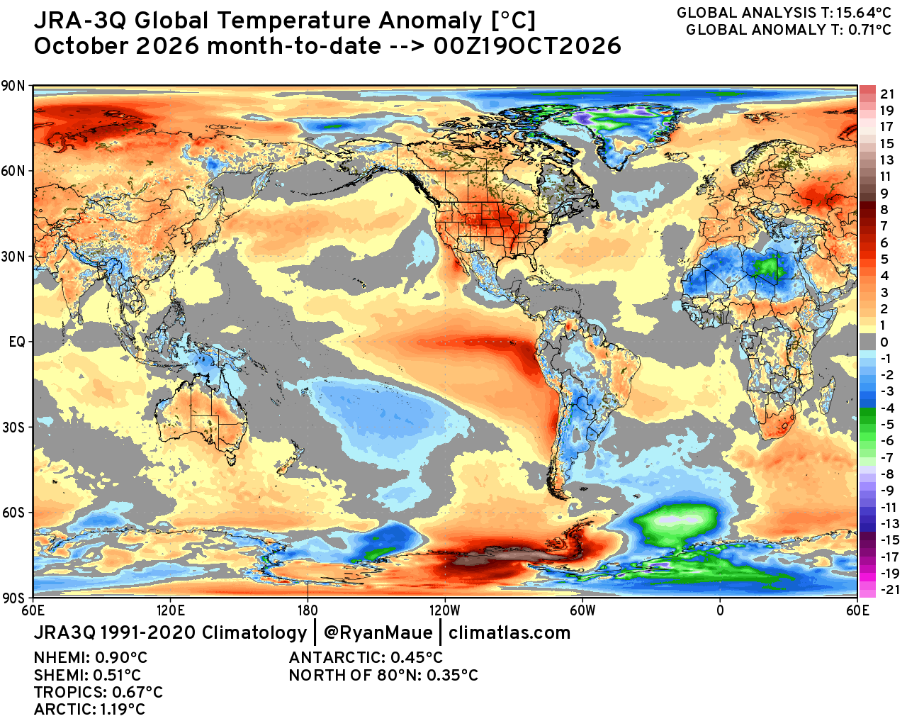 Global 2-meter temperature anomaly map, October 2026